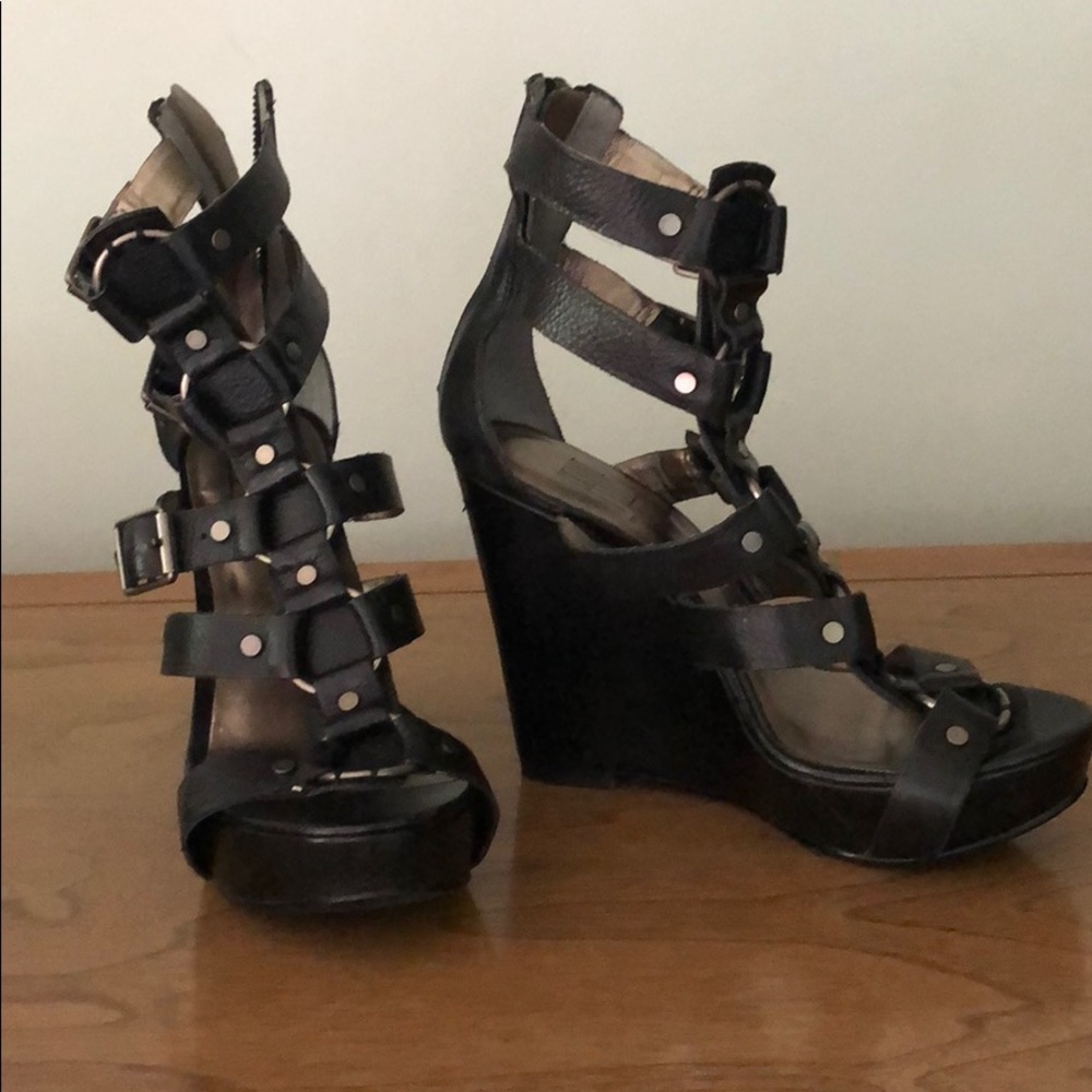 Pelle Moda Leather Double Ankle Strap Wedges